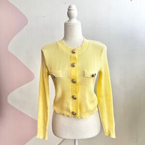 Yellow Ribbed Cardigan Gold Buttons Women’s Small Vintage Inspired‎ Preppy Knit